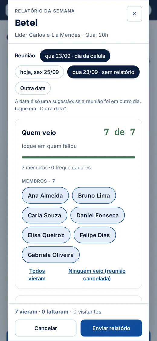 O líder lança o relatório pelo celular, tocando em quem faltou
