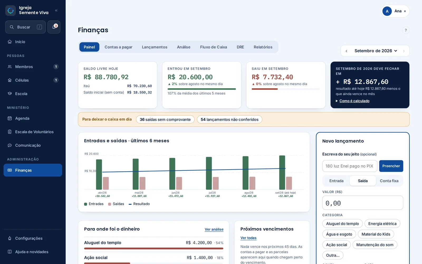 O painel de Finanças: saldo, entradas e saídas dos últimos meses e o lançamento rápido